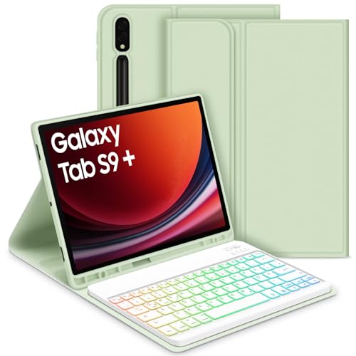 GOOJODOQ Beleuchtete Tastatur Hülle für Samsung Galaxy Tab S9+/S9 Plus 12,4" 2023, QWERTZ Abnehmbarer Beleuchtete Tastatur mit Hülle für Galaxy Tab S9+ 12,4 Zoll 2023 (SM-X810/X816/X818), Grün von GOOJODOQ