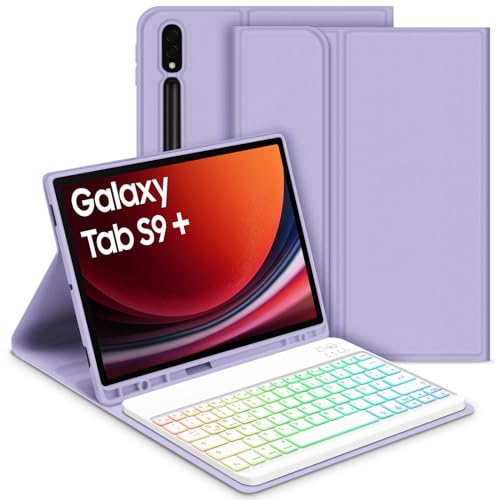 GOOJODOQ Beleuchtete Tastatur Hülle für Samsung Galaxy Tab S9+/S9 Plus 12,4" 2023, QWERTZ Abnehmbarer Beleuchtete Tastatur mit Hülle für Galaxy Tab S9+ 12,4 Zoll 2023 (SM-X810/X816/X818), Lila von GOOJODOQ
