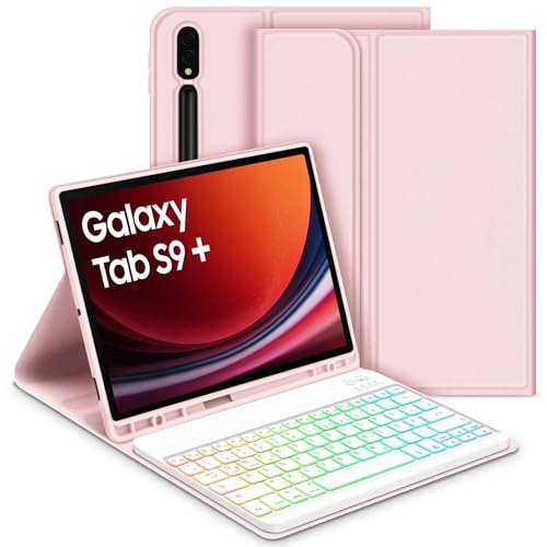 GOOJODOQ Beleuchtete Tastatur Hülle für Samsung Galaxy Tab S9+/S9 Plus 12,4" 2023, QWERTZ Abnehmbarer Beleuchtete Tastatur mit Hülle für Galaxy Tab S9+ 12,4 Zoll 2023 (SM-X810/X816/X818), Rosa von GOOJODOQ