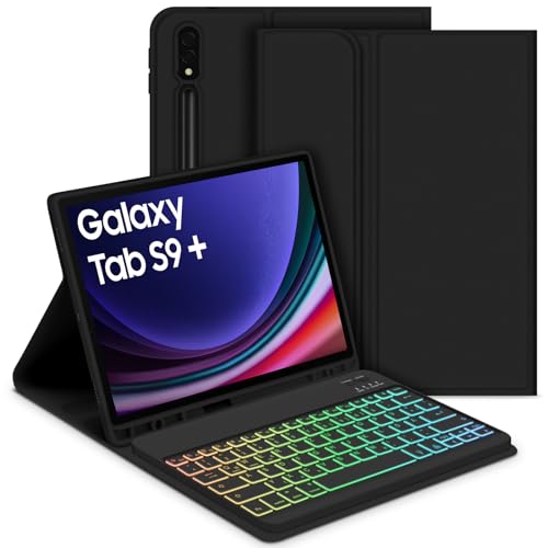 GOOJODOQ Beleuchtete Tastatur Hülle für Samsung Galaxy Tab S9+/S9 Plus 12,4" 2023, QWERTZ Abnehmbarer Beleuchtete Tastatur mit Hülle für Galaxy Tab S9+ 12,4 Zoll 2023 (SM-X810/X816/X818), Schwarz von GOOJODOQ