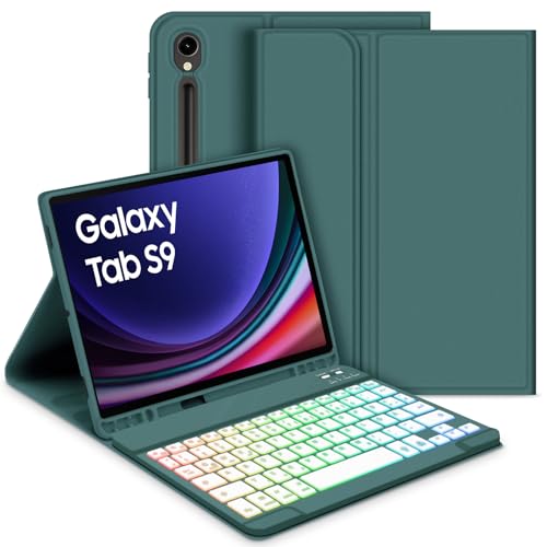 GOOJODOQ Beleuchtete Tastatur Hülle für Samsung Galaxy Tab S9 2023, QWERTZ Abnehmbarer Beleuchtete Tastatur mit Hülle für Galaxy Tab S9 11 Zoll 2023 (SM-X710/SM-X716B/SM-X718U), Dunkelgrün von GOOJODOQ