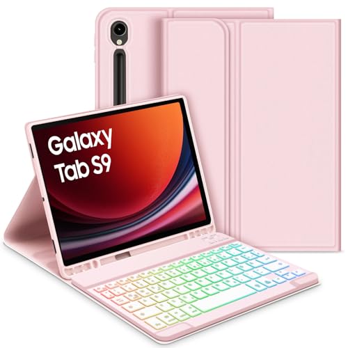 GOOJODOQ Beleuchtete Tastatur Hülle für Samsung Galaxy Tab S9 2023, QWERTZ Abnehmbarer Beleuchtete Tastatur mit Hülle für Galaxy Tab S9 11 Zoll 2023 (SM-X710/SM-X716B/SM-X718U), Rosa von GOOJODOQ