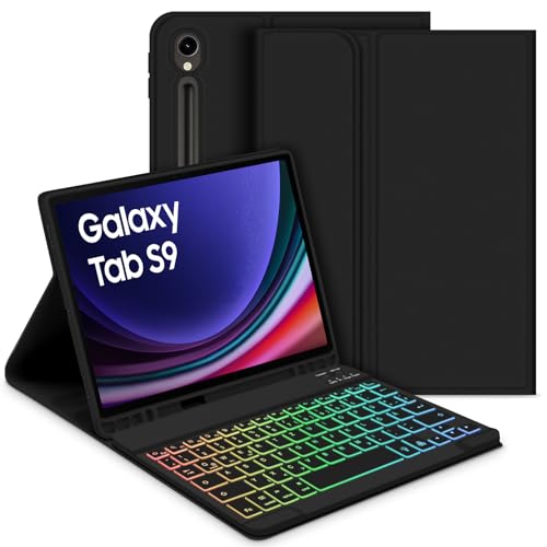 GOOJODOQ Beleuchtete Tastatur Hülle für Samsung Galaxy Tab S9 2023, QWERTZ Abnehmbarer Beleuchtete Tastatur mit Hülle für Galaxy Tab S9 11 Zoll 2023 (SM-X710/SM-X716B/SM-X718U), Schwarz von GOOJODOQ
