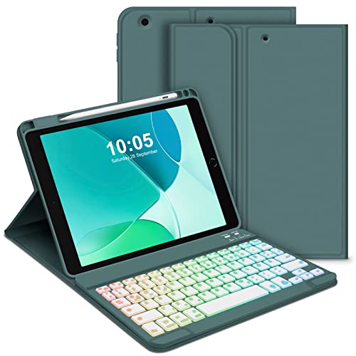 GOOJODOQ Tastatur Hülle für iPad 9.Gen 2021/8.Gen 2020/7.Gen 2019, QWERTZ Layout Magnetisch Abnehmbarer Beleuchtete Tastatur, Hülle mit Stifthalter für iPad 10.2 Zoll 2019-2021, Dunkelgrün von GOOJODOQ