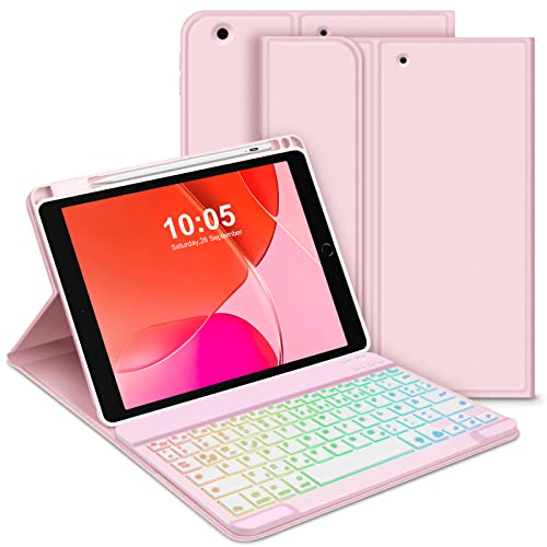 GOOJODOQ Tastatur Hülle für iPad 9.Gen 2021/8.Gen 2020/7.Gen 2019, QWERTZ Layout Magnetisch Abnehmbarer Beleuchtete Tastatur, Hülle mit Stifthalter für iPad 10.2 Zoll 2019-2021, Rosa von GOOJODOQ
