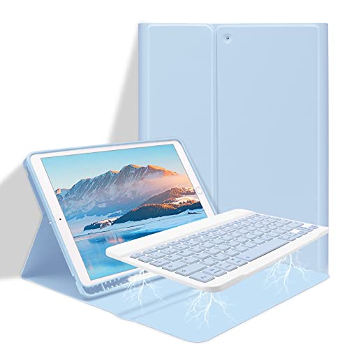 GOOJODOQ Tastatur Hülle für iPad 9.Gen 2021/8.Gen 2020/7.Gen 2019 10,2 Zoll, QWERTZ Layout Abnehmbarer Tastatur, Hülle mit Stifthalter für iPad 10.2 Zoll 2019-2020, Hellblau von GOOJODOQ