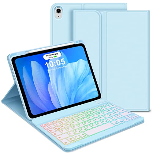 GOOJODOQ Tastatur Hülle für iPad Air 4./5.Generation, QWERTZ Layout Magnetisch Abnehmbarer Beleuchtete Tastatur, Hülle mit Stifthalter für iPad Air 4.Gen 2020/Air 5.Gen 2022 10.9 Zoll, Blau von GOOJODOQ