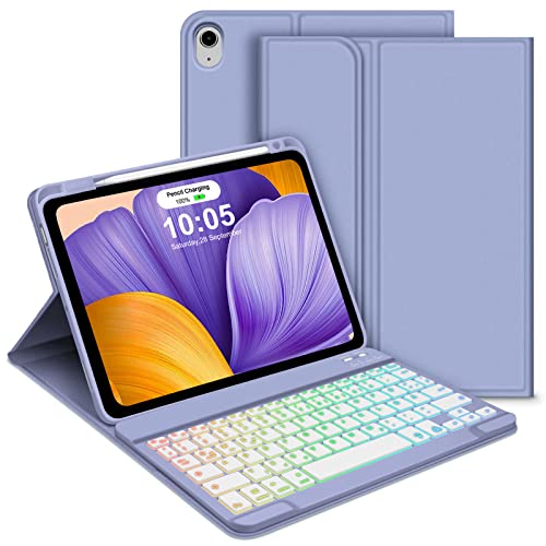 GOOJODOQ Tastatur Hülle für iPad Air 4./5.Generation, QWERTZ Layout Magnetisch Abnehmbarer Beleuchtete Tastatur, Hülle mit Stifthalter für iPad Air 4.Gen 2020/Air 5.Gen 2022 10.9 Zoll, Lila von GOOJODOQ