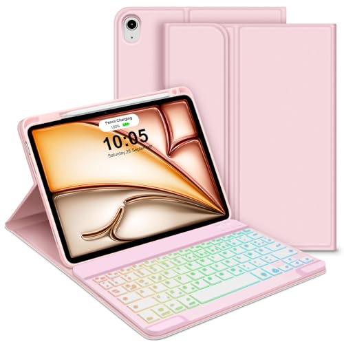 GOOJODOQ Tastatur Hülle für iPad Air 4./5.Generation, QWERTZ Layout Magnetisch Abnehmbarer Beleuchtete Tastatur, Hülle mit Stifthalter für iPad Air 4.Gen 2020/Air 5.Gen 2022 10.9 Zoll, Rosa von GOOJODOQ