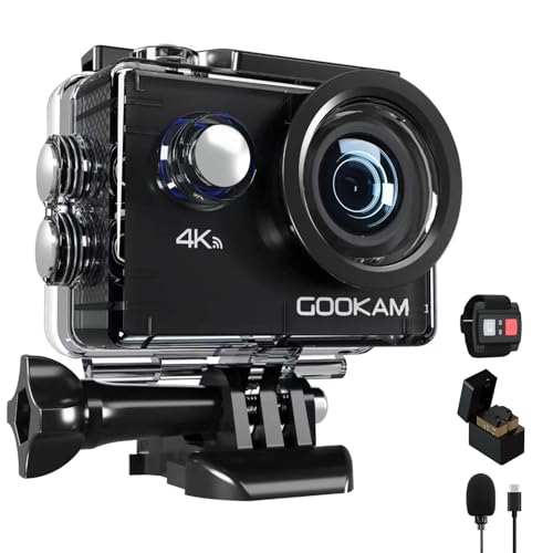 GOOKAM Action Cam 4K 20MP 40M Unterwasserkamera Wasserdicht WiFi Actionkamera mit 2.4G Fernbedienung 170 ° Weitwinkel Helmkamera mit 2x1050mAh Akkus Externem Mikrofon Reichlich Zubehör Kits (Go2) von GOOKAM