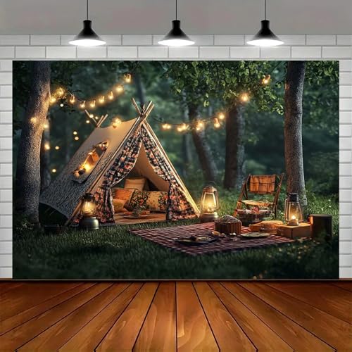 Campingzelt Wald Picknick Hintergrund mit Glühlampen Muster und Holzboden Party Dekoration Banner Campingzelt Wald Picknick Hintergrund mit Glühlampen Muster und Holzboden Party Dekoration Banner von GOOOOOdSzs