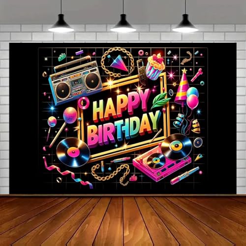 Vintage-Musik Thema Geburtstagsfeier Banner mit mehrfarbigem Neon-Design Stereo-Box Vinyl-Schallplatte und Discokugel-Hintergrund Vintage-Musik Thema Geburtstagsfeier Banner mit mehrfarbigem Neon-Design Stereo-Box Vinyl-Schallplatte und Discokugel-Hintergrund von GOOOOOdSzs