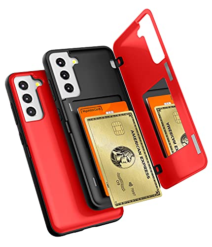 GOOSPERY Magnetic Door Bumper Hülle Kompatibel mit Galaxy S21 FE, Dual Layer protektive Kartenhalter Wallet Schutzhülle Mit versteckten Spiegel (Rot) von GOOSPERY