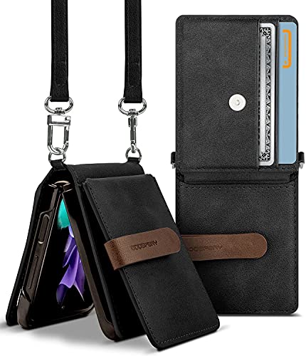 GOOSPERY Wallet Case Kompatibel mit Galaxy Z Flip 3, Abnehmbarer Kartenhalter 2 Kartenfächer Aufbewahrung Premium-PU-Leder Verstellbarer Umhängeriemen Angebrachter Kopfhörer-Kabel-Organizer (Schwarz) von GOOSPERY