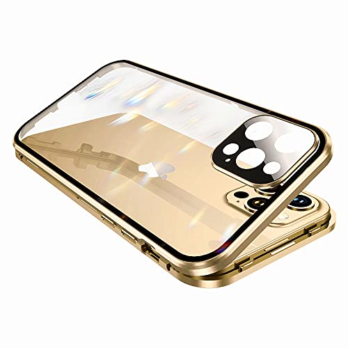 Abschließbare iPhone 12 Pro Max Hülle mit Schloss, starker magnetischer Adsorptionslinsenschutz, 360 Grad Ganzkörper Aluminiumrahmen, doppelseitig, gehärtetes Glas Abdeckung (iPhone 12Promax, Gold) von GOOVEN