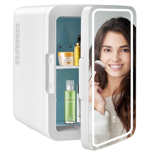 GOPLUS 2 in 1 Mini Kühlschrank mit LED Spiegel, 10 L AC/DC Fridge mit Kühl- & Heizfunktion & 3 Helligkeiten, Tragbarer Kühlschrank mit Abnehmbaren Ablagen für Skincare, Kosmetik, Getränke & Milch von GOPLUS