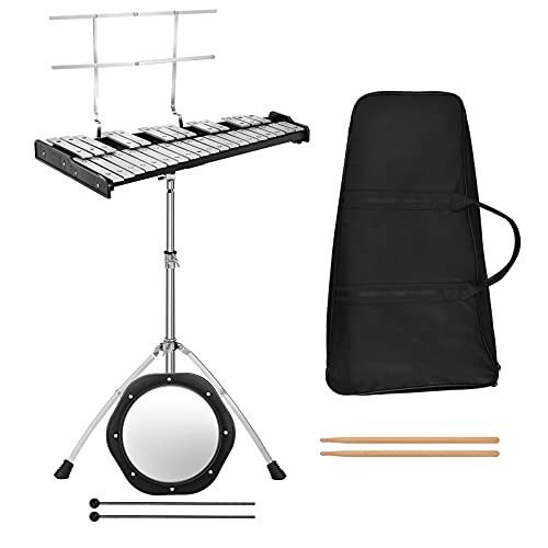 GOPLUS 32 Noten Glockenspiel Xylophon Set, professionelles Glockenspiel mit höhenverstellbarem Ständer, Schlagzeug-Übungspad, Schlägel & Tragetasche, Percussion Set mit Notenständer für Erwachsene von GOPLUS