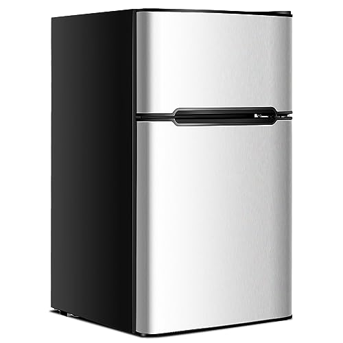 GOPLUS Kühlschrank mit Gefrierfach - Kühl Gefrierkombination / 90L Gesamtnutzinhalt, 27L Gefrierteil/Thermostat einstellbar/LED Innenbeleuchtung/Türanschlag wechselbar (Grau) von GOPLUS