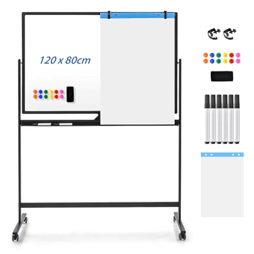 GOPLUS Whiteboard magnetisch mit Ständer, doppelseitiges Whiteboard mit Zubehör Set, Trocken abwischbar, mobiles Whiteboard höhenverstellbar, für Schule, Büro, Zuhause (120 x 80cm, Schwarz) von GOPLUS