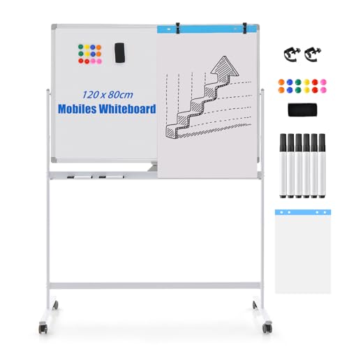 GOPLUS Whiteboard magnetisch mit Ständer, doppelseitiges Whiteboard mit Zubehör Set, Trocken abwischbar, mobiles Whiteboard höhenverstellbar, für Schule, Büro, Zuhause (120 x 80cm, Weiß) von GOPLUS