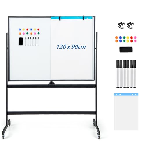 GOPLUS Whiteboard magnetisch mit Ständer, doppelseitiges Whiteboard mit Zubehör Set, Trocken abwischbar, mobiles Whiteboard höhenverstellbar, für Schule, Büro, Zuhause (120 x 90cm, Schwarz) von GOPLUS