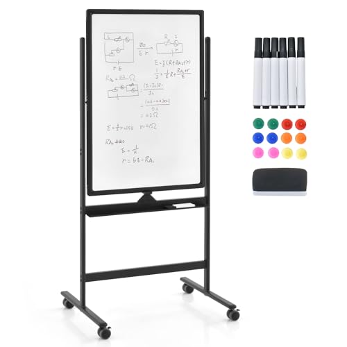 GOPLUS Whiteboard magnetisch mit Ständer, doppelseitiges Whiteboard mit Zubehör Set, Trocken abwischbar, mobiles Whiteboard höhenverstellbar, für Schule, Büro, Zuhause (60 x 90cm, Schwarz) von GOPLUS