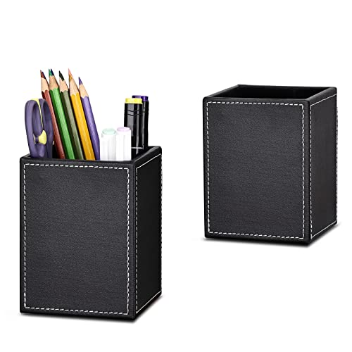 GORESE Quadratischer Leder Stiftehalter, Stifteköcher Schreibtisch Organizer Stiftebox Bleistifthalter Füllfederhalter Pinselhalter Organizer für Büro, Schule, Haushalt 2 Stück (Schwarz) von GORESE