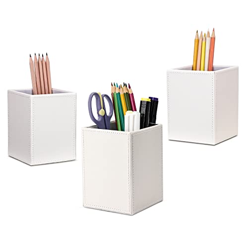 GORESE Quadratischer Leder Stiftehalter, Stifteköcher Schreibtisch Organizer Stiftebox Bleistifthalter Füllfederhalter Pinselhalter Organizer für Büro, Schule, Haushalt und Kinder 3 Stück (Weiß) von GORESE