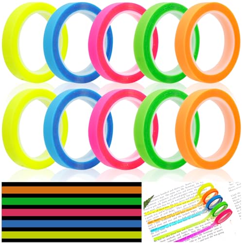 10 Rollen Highlight Strips Textmarker Band Ablösbar Fluoreszierende Bänder Farbige Transparentes Klebeband für Lehrer Schüler Zubehör Klasse Büro Notizzettel Textmarker-klebeband(0.6cm x 5m) von GOTFUN