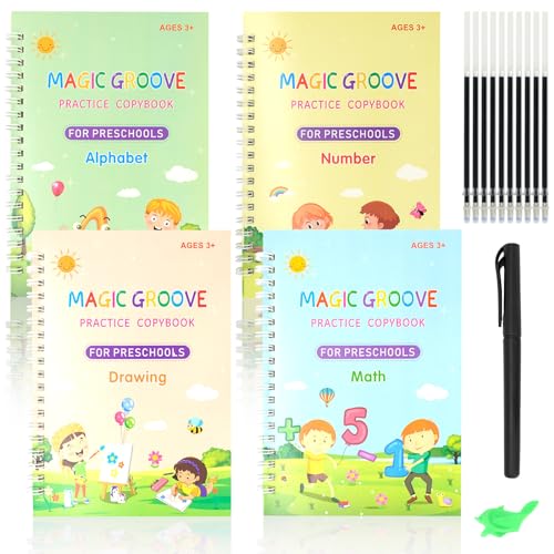 GOTFUN 4 Stück Englisch Magisches Heft, Magische Übungshefte mit Stift Wiederverwendbares Handschrift Magische Lernhefte für Kinder Lernen Mathe, Briefe, Zahlen und Zeichnung（Englische Version von GOTFUN