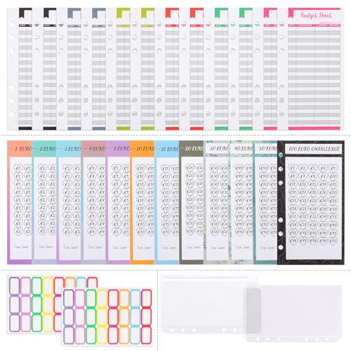 GOTFUN Budget Planner Deutsche A6 Nachfüllpapier (38er Set), Budget Planner Deutsch Zubehör, Sparchallenge Budgetplaner enthält Sparchallenges, Budgetblätter Deutsch, Binder Taschen, Label Aufkleber von GOTFUN