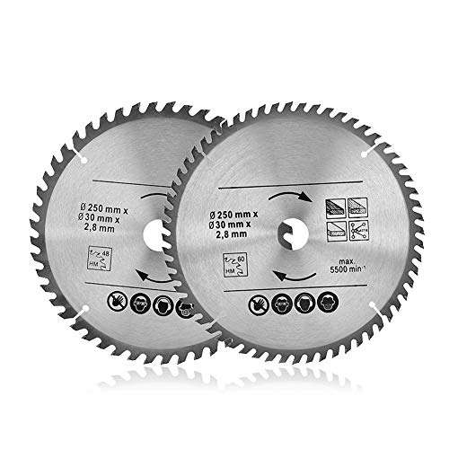 Kreissägeblätter 2 Stk 250 x 30mm 48T & 60T TCT Vielseitiges Sägeblattblatt aus hochwertigem Hartmetall kompatibel mit Tauchsäge & Kreissäge für Holz, Metall & Alu von GOTOTOP