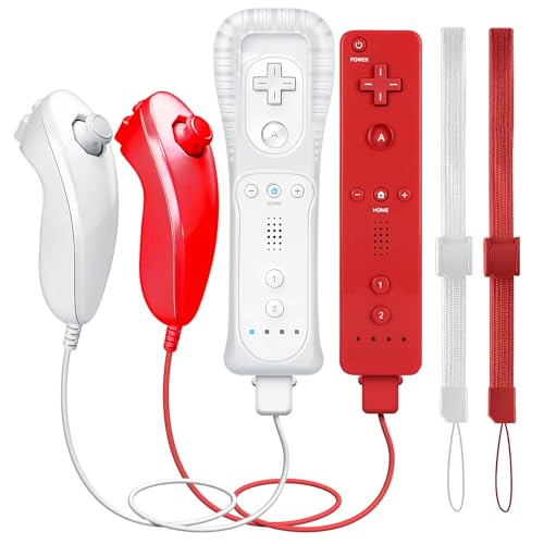 GOUYESHO Nue Ersatz Fernbedienung für Wii/Wii U Controller with Nunchuck mit Motion Plus, Ersatz Fernbedienung für Wii/Wii U Konsole, 2 Pack (Rot und Weiß) von GOUYESHO