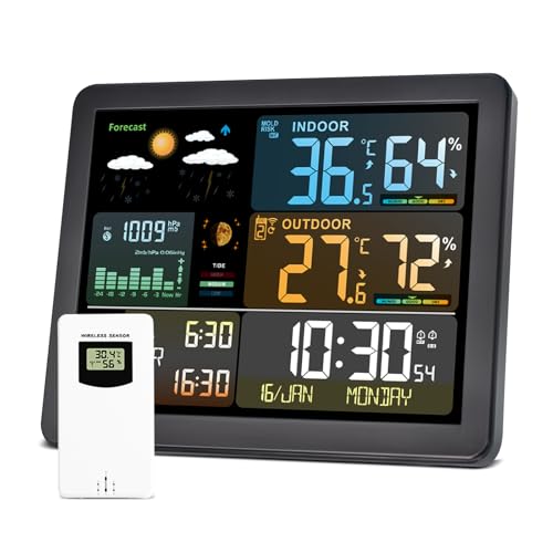 Wetterstation mit Außensensor Farbbildschirm Funkwetterstation Luftfeuchtigkeitsmesser Zeitanzeige Batteriebetrieb und Netzbetrieb Wetterstation mit Außensensor Farbbildschirm Funkwetterstation Luftfeuchtigkeitsmesser Zeitanzeige Batteriebetrieb und Netzbetrieb von GOYERRNES