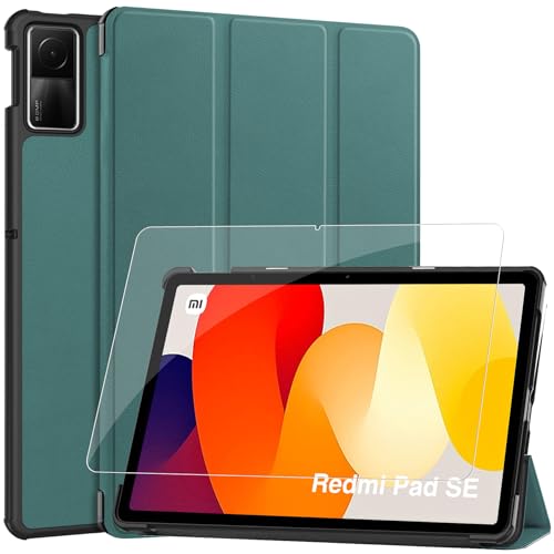 GOZOPO Hülle für Xiaomi Redmi Pad SE 2023 11 Zoll Tablette mit Schutzfolie, Ultra Dünn PU Leder Schutzhülle für Redmi Pad SE 2023, Dunkelgrün von GOZOPO