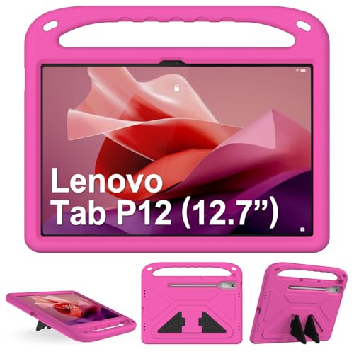 GOZOPO Kinder Hülle für Lenovo Tab P12 Tablet 12,7 Zoll, mit Standfunktion und Griff, Robust Stoßfest Schutzhülle - Magenta von GOZOPO