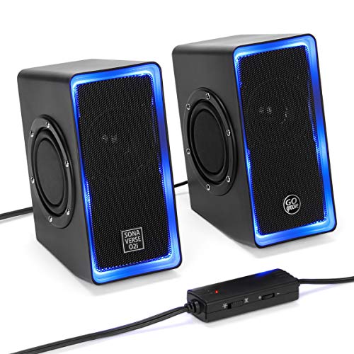 GOgroove SonaVERSE O2i LED PC Boxen für Laptop und Computer USB Lautsprecher für Gaming Desktop mit Verkabelter Kopfhörerbuchse AUX-Audioeingang, Blaue Lichter und Lautstärkeregler - Schwarz von GOgroove