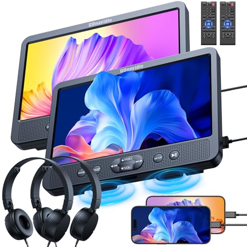 GOnavidio 10,5 Zoll 2 DVD Players für Auto mit HDMI-Eingang, Kopfhörern, Halterungen, Auto TV Monitor Rücksitz unterstützt für USB/SD-Karte, AV-EIN-/Ausgang, Verschiedene Filme abspielen ohne Akku von GOnavidio