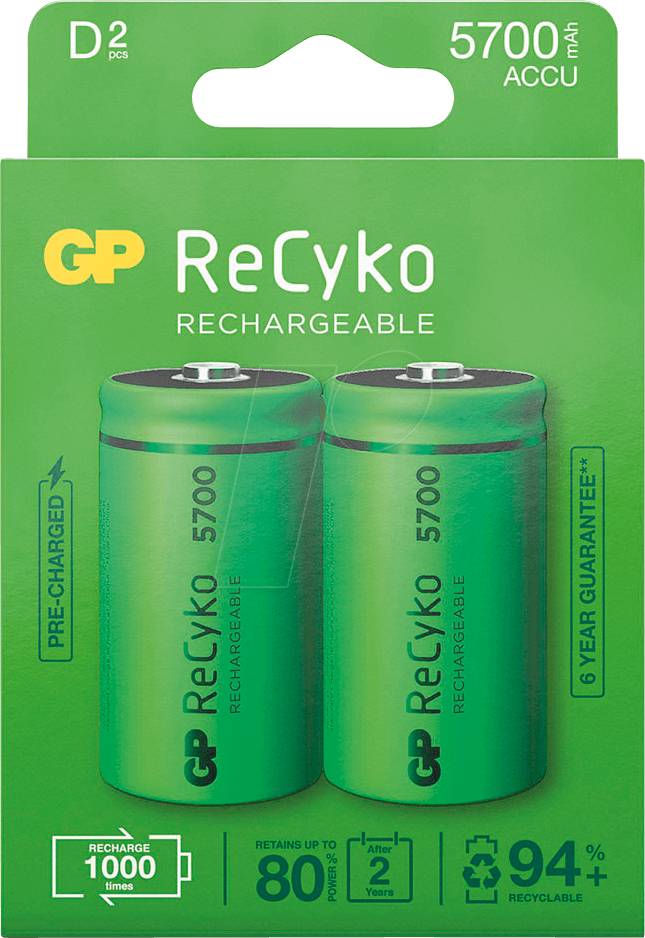 REC 2D 5700 - ReCyko+, NiMh Akku, D (Mono), 5700 mAh, 2er-Pack von GP-BATTERIES
