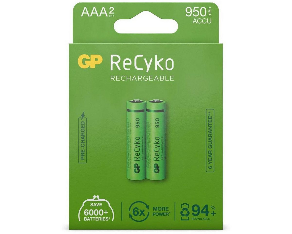 GP Batteries 2x GP ReCyko AAA-Akku NiMH 950mAh Akku-Set Micro 950 mAh (1,2 V), Micro LR03 LR3 1,2V AAA Akku Accu Batterie 2er Pack Wiederaufladbar von GP Batteries