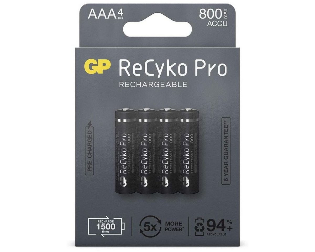 GP Batteries 4x GP ReCyko Pro AAA-Akku NiMH 800mAh Akku-Set Micro 800 mAh (1,2 V), Micro LR03 LR3 1,2V AAA Akku Accu Batterie 4er Pack Wiederaufladbar von GP Batteries