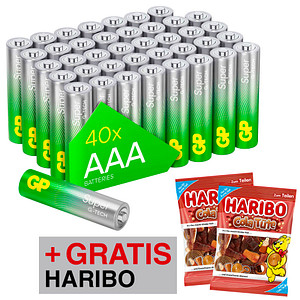AKTION: 40 GP Batterien SUPER Micro AAA 1,5 V + GRATIS 2 x HARIBO Cola Tüte 175g AKTION: 40 GP Batterien SUPER Micro AAA 1,5 V + GRATIS 2 x HARIBO Cola Tüte 175g von GP