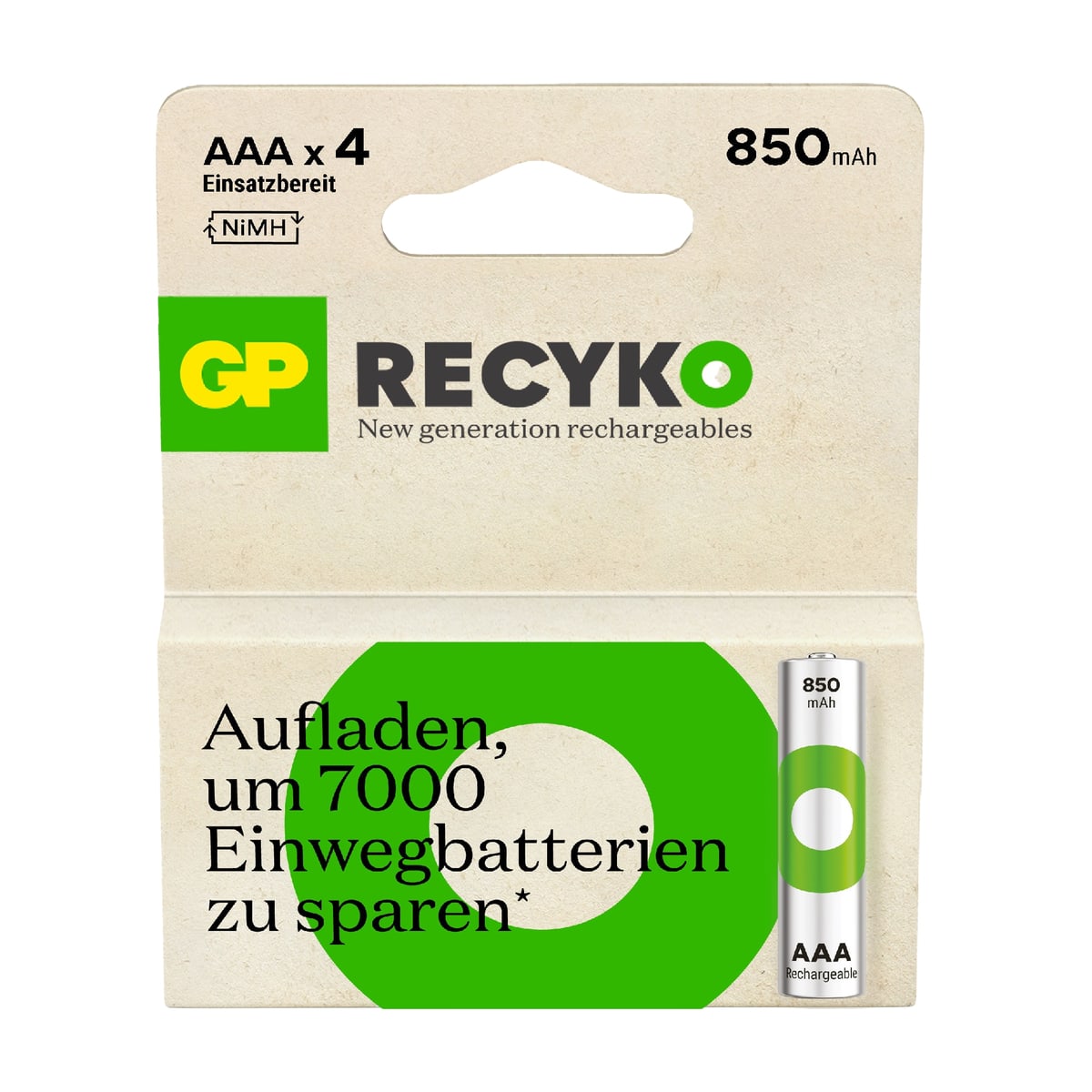 GP ReCyKO NiMH Akku Micro AAA, HR03 1,2V/850mAh, 4 Stück von GP