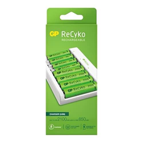 GP ReCyko Standard-Ladegerät (USB) E811, 8 Ladesteckplätze, inkl. 4 x AA 2100mAh + 4 x AAA 850mAh NiMH von GP