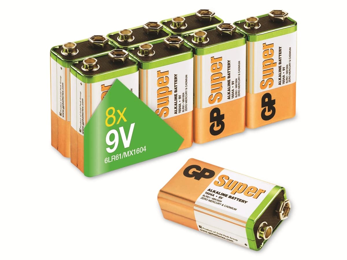 GP Super Alkaline-Batterie E-Block, 6LR61, MN1604, 9V, 8 Stück von GP