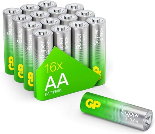 GP Super Alkaline Batterien AA Mignon, LR06, 1,5V, 16 Stück Vorratspack, ideal für die Stromversorgung von Geräten des täglichen Bedarfs - Die Neue G-TECH-Technologie von GP