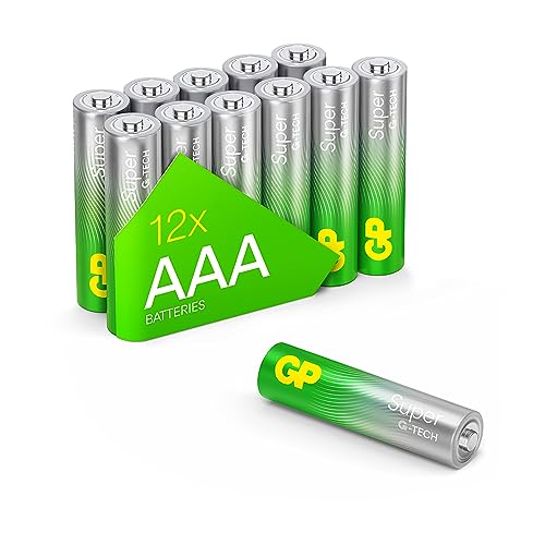 GP Super Alkaline Batterien AAA Micro, LR03, 1,5V, 12 Stück Vorratspack, ideal für die Stromversorgung von Geräten des täglichen Bedarfs - Die Neue G-TECH-Technologie von GP