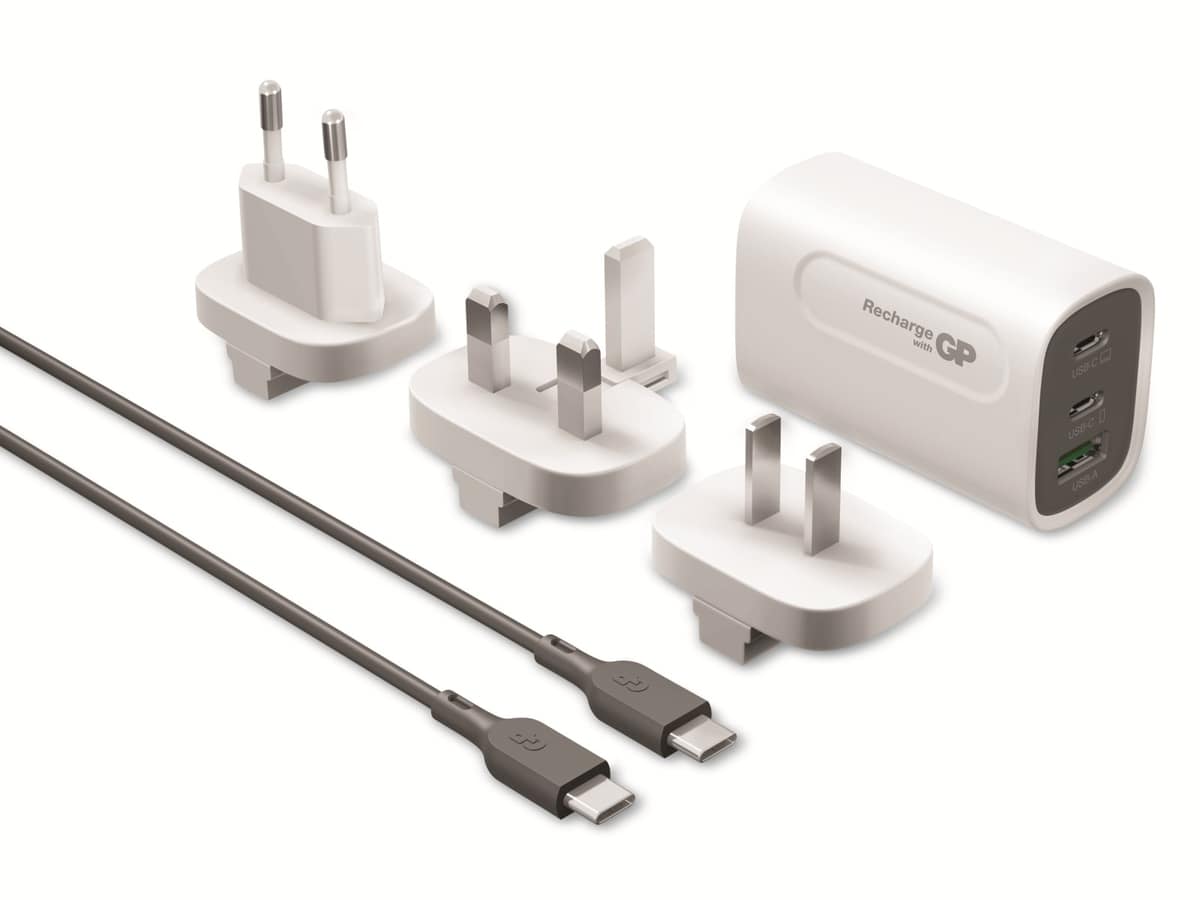 GP USB Steckerlader 65W GaN inkl. 3 Länderadapter, USB-A/2x USB-C von GP