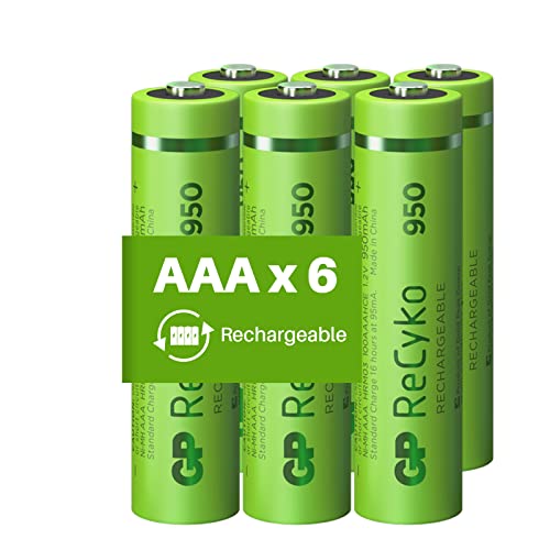 Wiederaufladbare AAA Batterien – 6 Stück | GP Recyko | AAA-Akkus LR3 wiederaufladbar 950 mAh NiMH – vorgeladen und hohe Kapazität | für den täglichen Gebrauch in Allen Ihren Geräten von GP