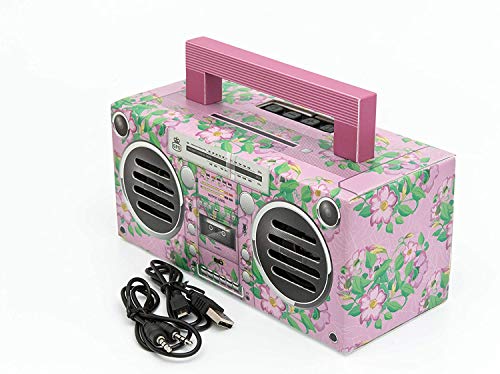 GPO Bronx tragbarer Mini Bluetooth Lautsprecher im Retro Stil mit Akku, USB-/TF-Card/AUX Anschluss, Pink & Blumendruck von GPO